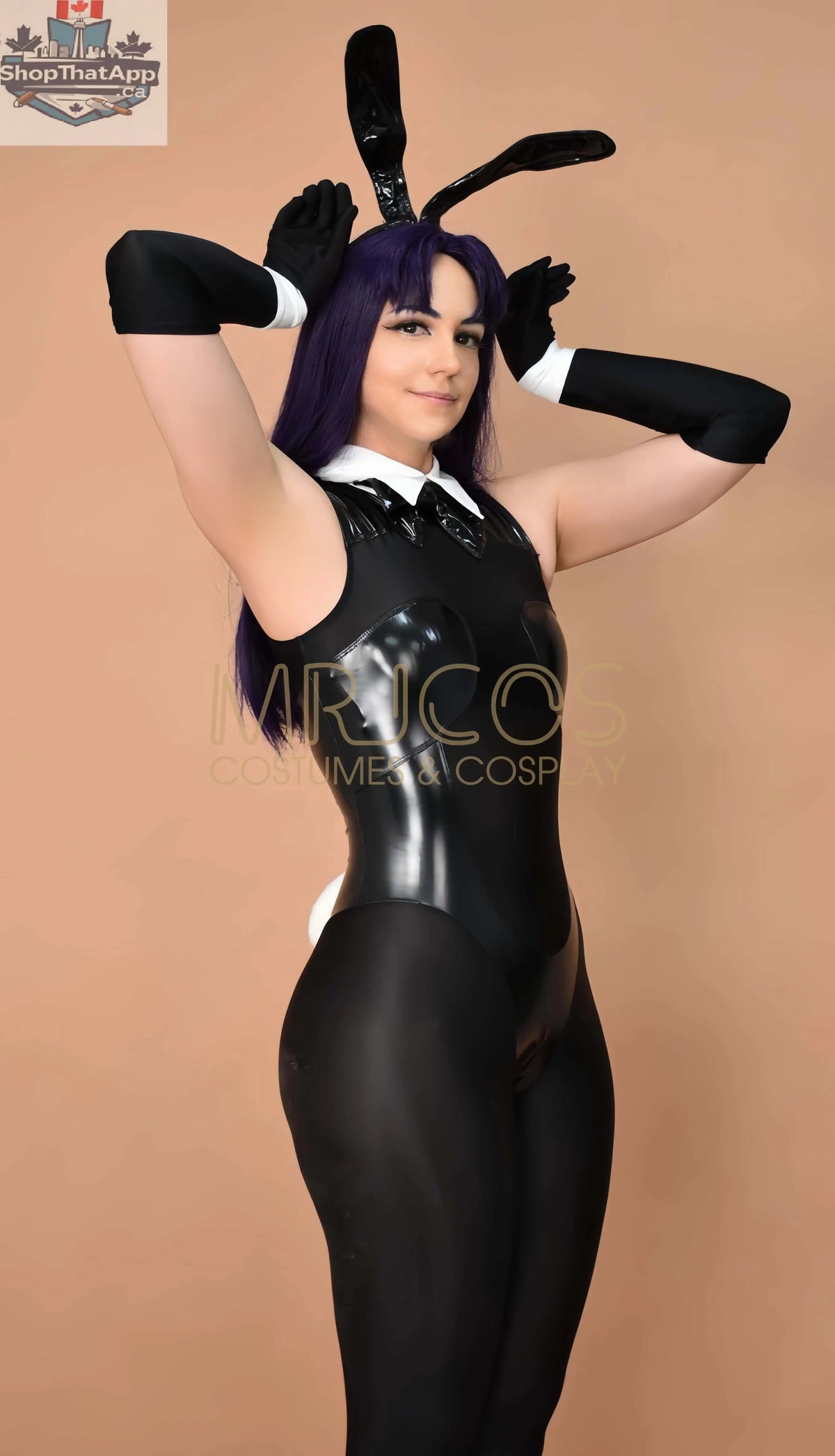 See-through black PU leather and spandex bunny girl bodysuit with lace-up front, featuring playful, revealing cosplay lingerie.