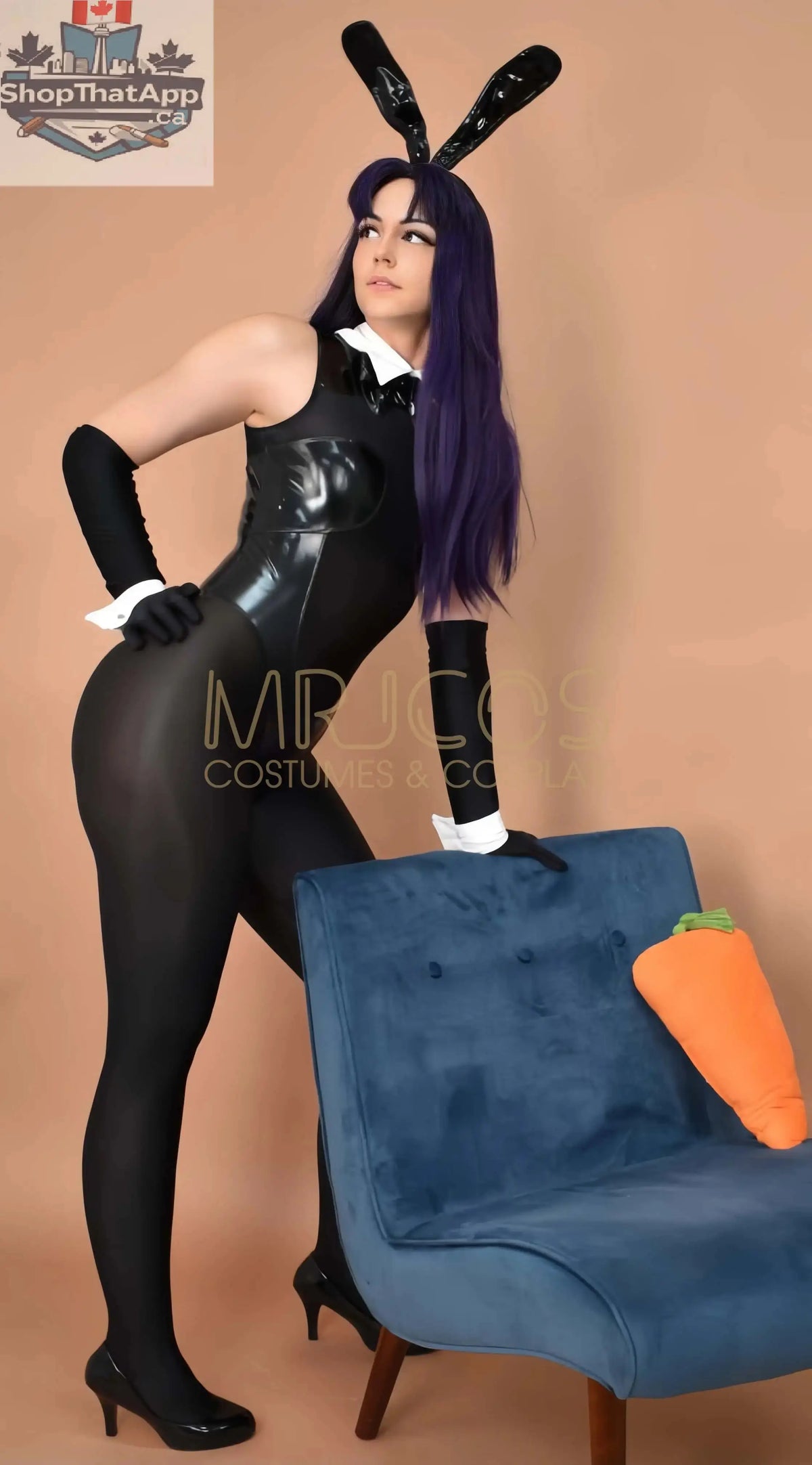 MRJCOS PU leather spandex bunny girl bodysuit with see-through design, ideal for cosplay or lingerie fashion.