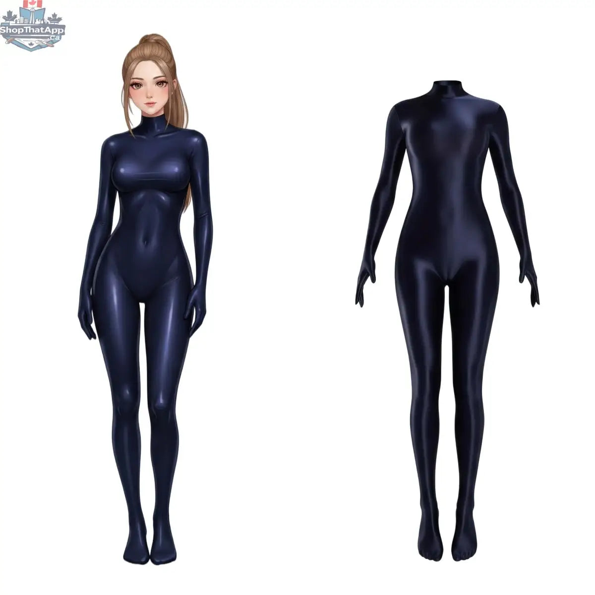 Shiny black spandex nylon bodysuit with attached gloves, Zentai cosplay jumpsuit by MRJCOS, close-up of the sleek, form-fitting design.