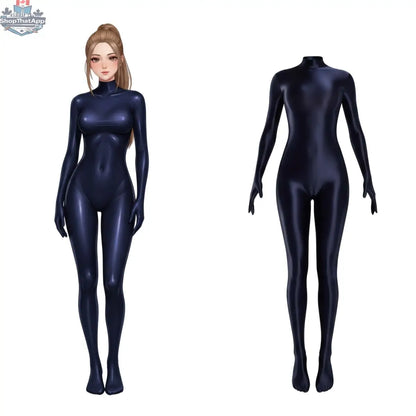 Shiny black spandex nylon bodysuit with attached gloves, Zentai cosplay jumpsuit by MRJCOS, close-up of the sleek, form-fitting design.
