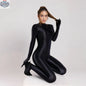 Black MRJCOS spandex nylon bodysuit with shiny finish, attached gloves, form-fitting Zentai jumpsuit for cosplay.