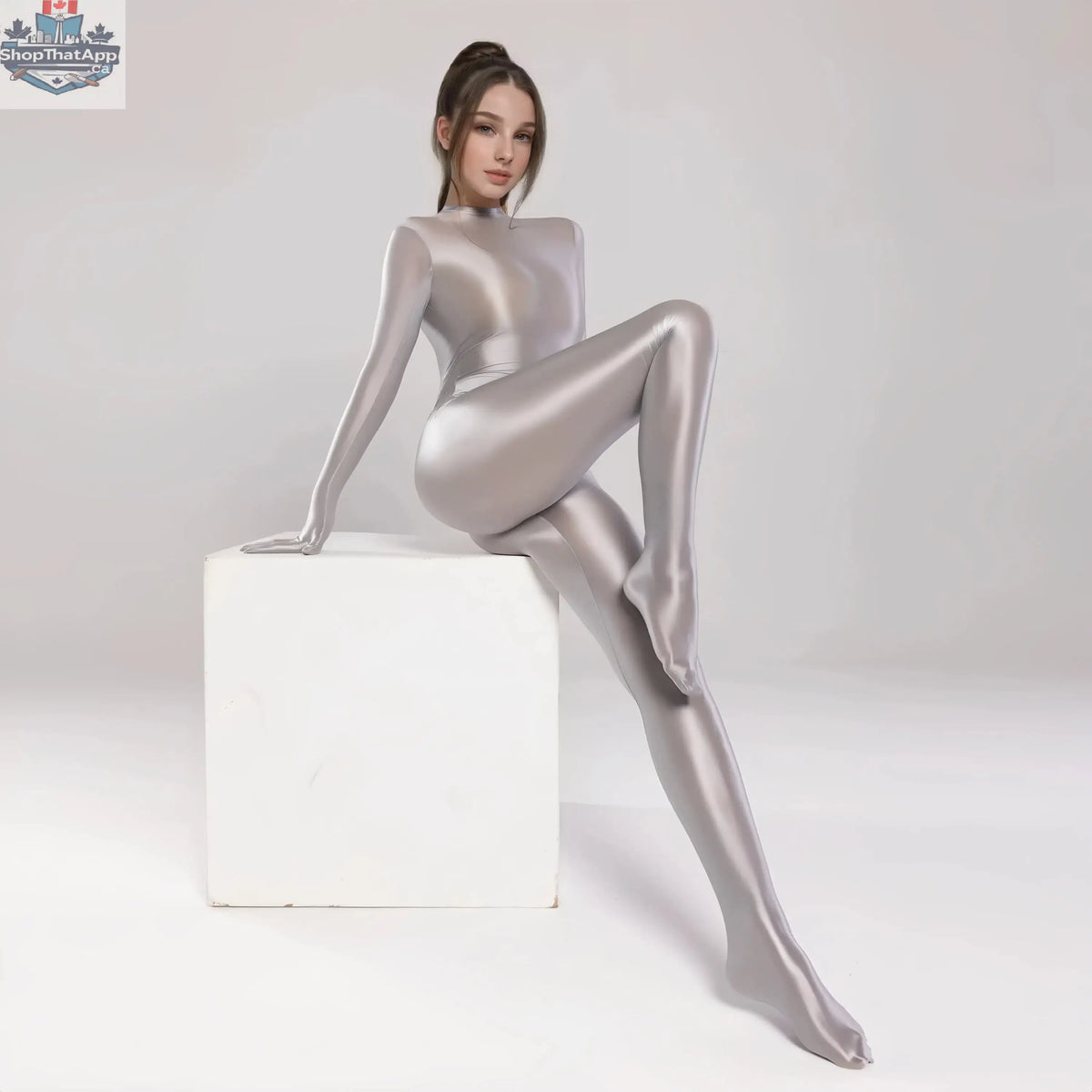 Shiny silver MRJCOS spandex nylon bodysuit with attached gloves, form-fitting cosplay jumpsuit with a sleek, reflective finish.