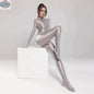 Shiny silver MRJCOS spandex nylon bodysuit with attached gloves, form-fitting cosplay jumpsuit with a sleek, reflective finish.