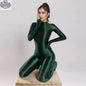 Green shiny spandex nylon bodysuit with attached gloves, MRJCOS cosplay jumpsuit, form-fitting and sleek for costume or performance wear.