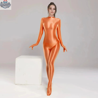 Orange MRJCOS spandex nylon bodysuit with shiny finish, zipper front, attached gloves, designed for cosplay and costume wear.