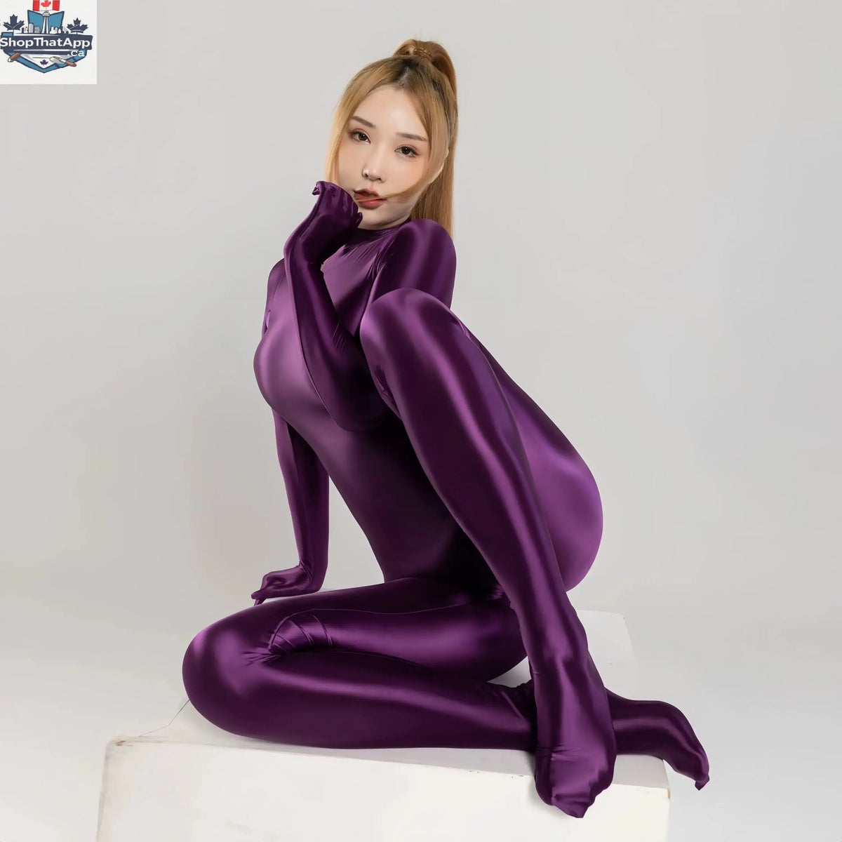 Purple spandex nylon bodysuit with shiny finish, attached gloves, ideal for cosplay and Zentai costume by MRJCOS.