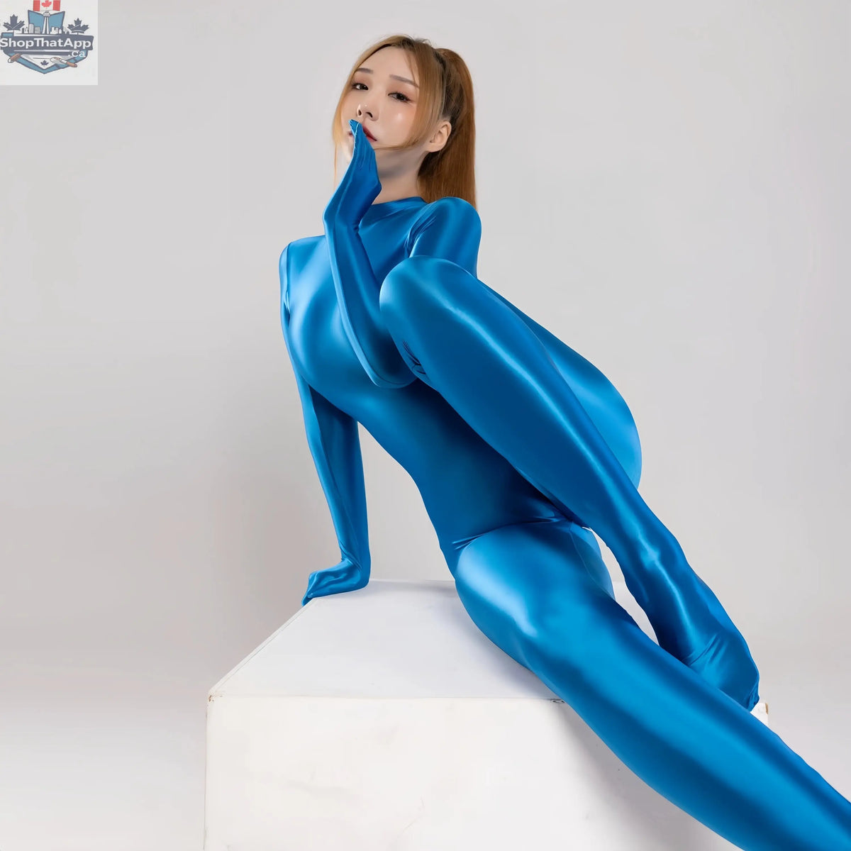 Sky blue MRJCOS spandex nylon bodysuit with shiny finish, zip-up front, and attached gloves, designed for cosplay and costume wear.