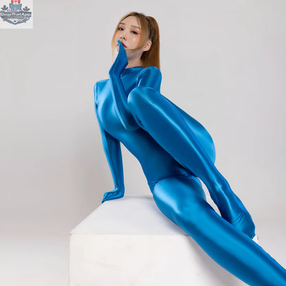 Sky blue MRJCOS spandex nylon bodysuit with shiny finish, zip-up front, and attached gloves, designed for cosplay and costume wear.