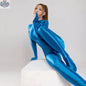 Sky blue MRJCOS spandex nylon bodysuit with shiny finish, zip-up front, and attached gloves, designed for cosplay and costume wear.