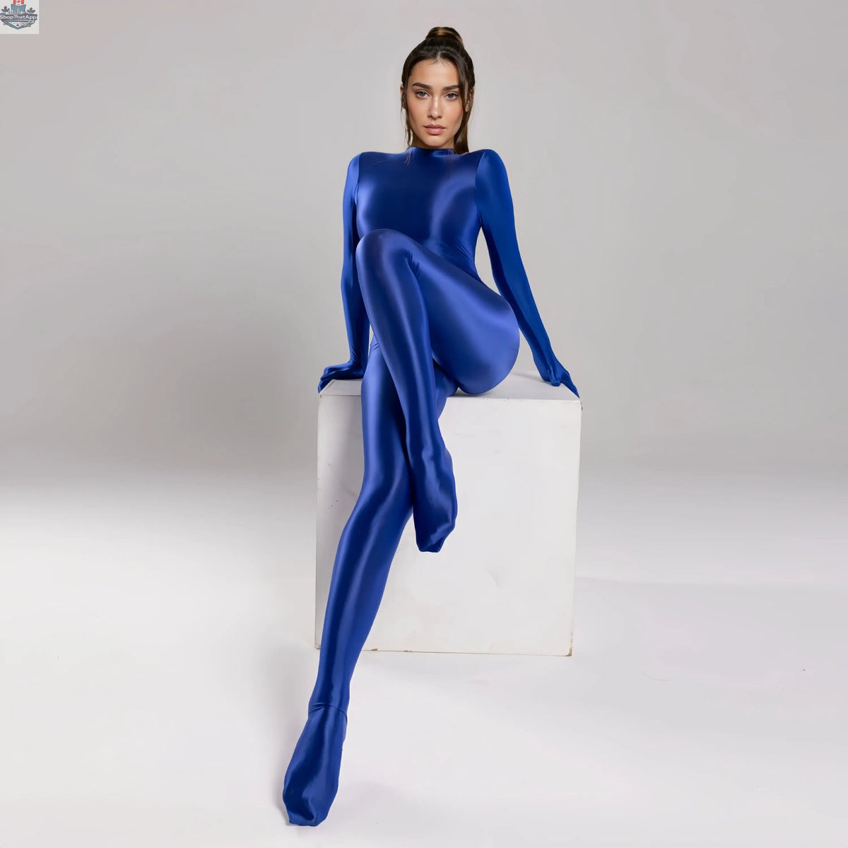 Blue MRJCOS spandex nylon bodysuit zentai jumpsuit with shiny finish and attached gloves, ideal for cosplay or costume wear.