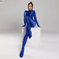 Blue MRJCOS spandex nylon bodysuit zentai jumpsuit with shiny finish and attached gloves, ideal for cosplay or costume wear.