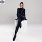 Navy shiny spandex nylon bodysuit with attached gloves, Zentai cosplay jumpsuit by MRJCOS, form-fitting and reflective.