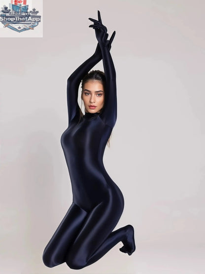 Black MRJCOS spandex nylon bodysuit with shiny finish, attached gloves, form-fitting cosplay jumpsuit on model.