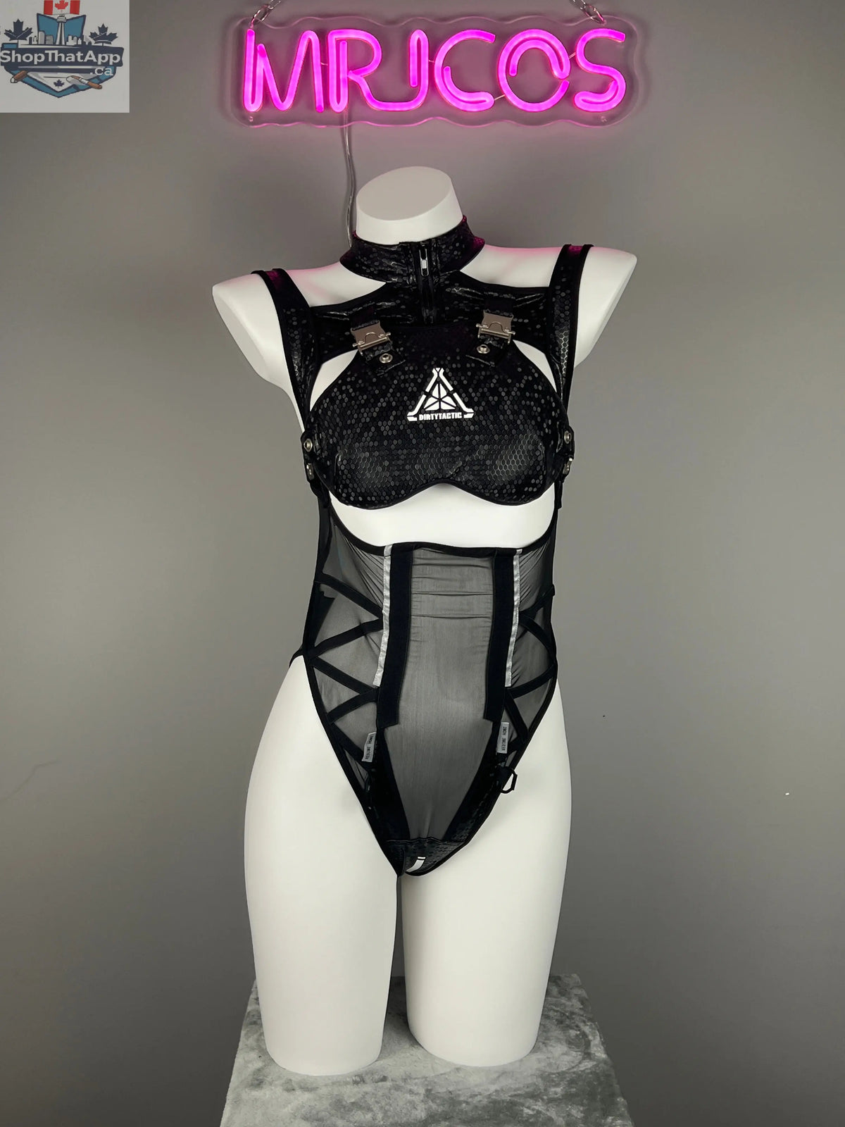 Tactical anime girl cosplay bodysuit by MRJCOS featuring sheer mesh and PU leather materials, displayed on a mannequin.
