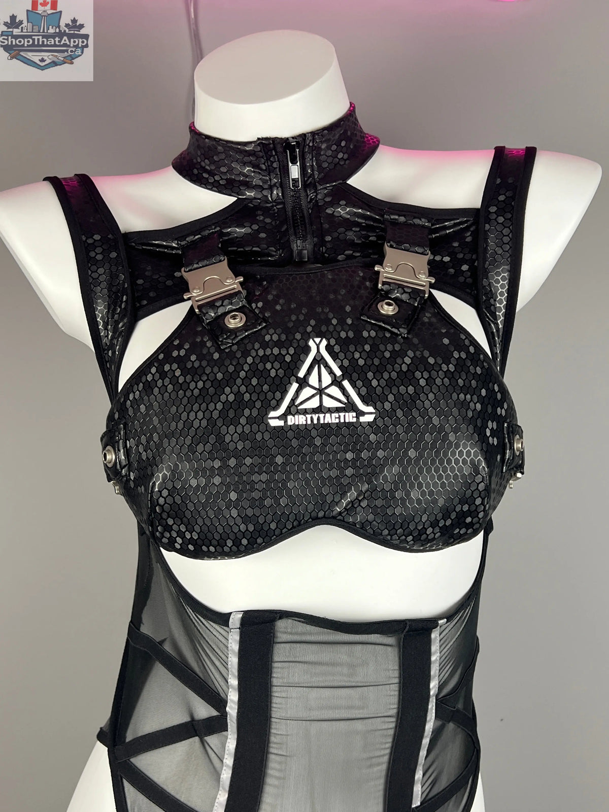 Tactical anime girl cosplay bodysuit by MRJCOS featuring sheer mesh and PU leather details, form-fitting costume for cosplay events.