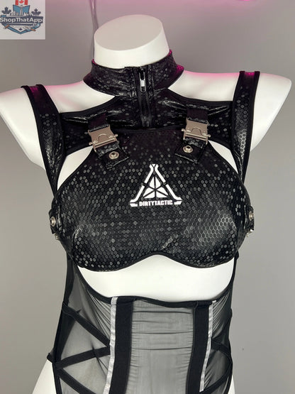 Tactical anime girl cosplay bodysuit by MRJCOS featuring sheer mesh and PU leather details, form-fitting costume for cosplay events.