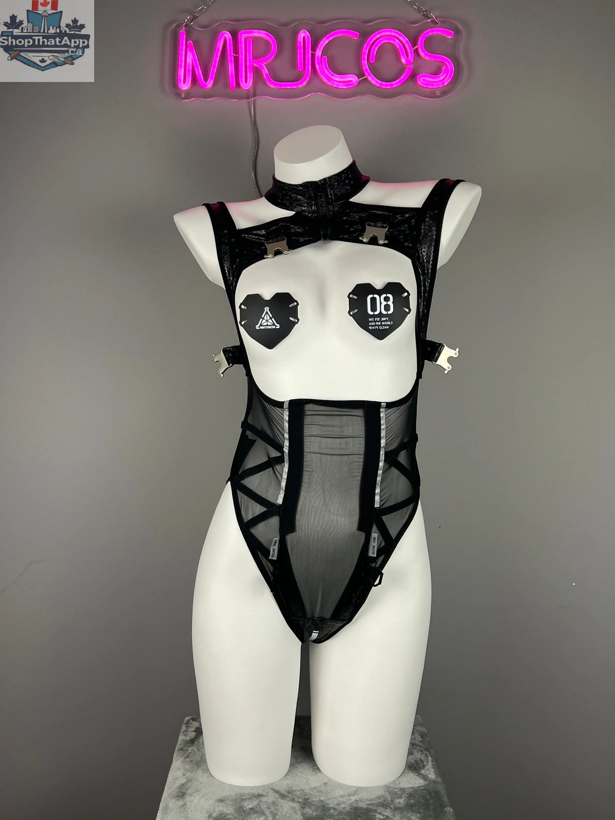 Tactical anime girl cosplay bodysuit with sheer mesh and PU leather details, designed by MRJCOS for a striking costume look.