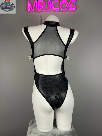 Tactical anime girl cosplay bodysuit featuring sheer mesh and PU leather, designed by MRJCOS for a bold costume look.