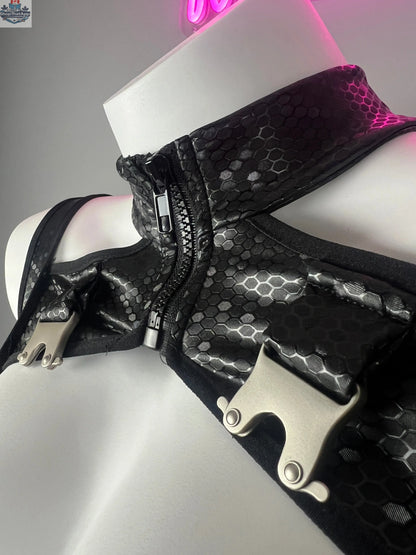 Tactical anime girl cosplay bodysuit featuring sheer mesh and PU leather, designed by MRJCOS for a bold costume look.
