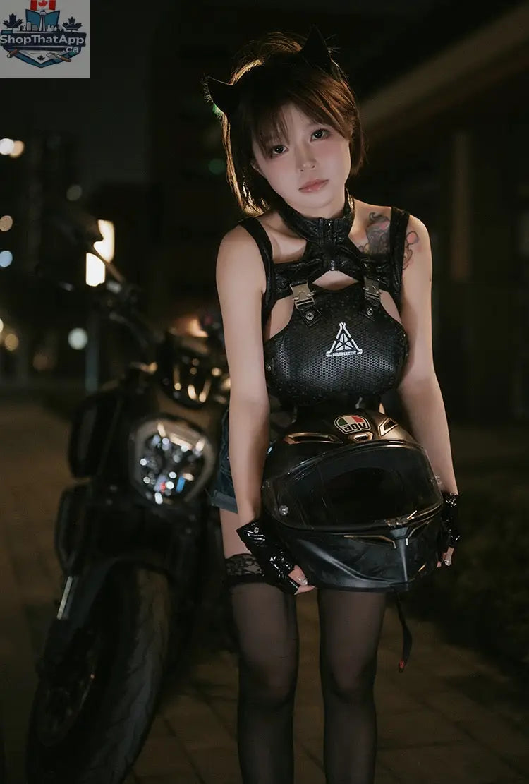 Tactical anime girl cosplay bodysuit by MRJCOS featuring sheer mesh and PU leather details, styled as a striking costume.