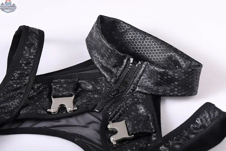 Tactical anime girl cosplay bodysuit made of sheer mesh and PU leather, featuring a sleek, form-fitting costume by MRJCOS.