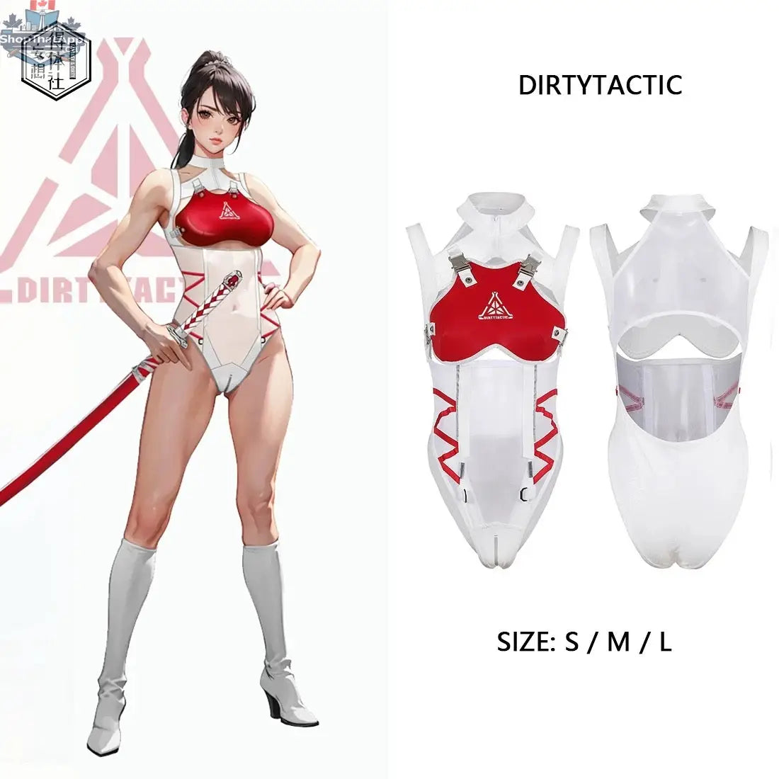Tactical anime girl cosplay bodysuit by MRJCOS featuring sheer mesh and PU leather material, fitted costume with detailed design.