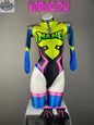 MRJCOS spandex cosplay bodysuit with open crotch, Halloween costume, form-fitting design, black color, suitable for cosplay and costume events.