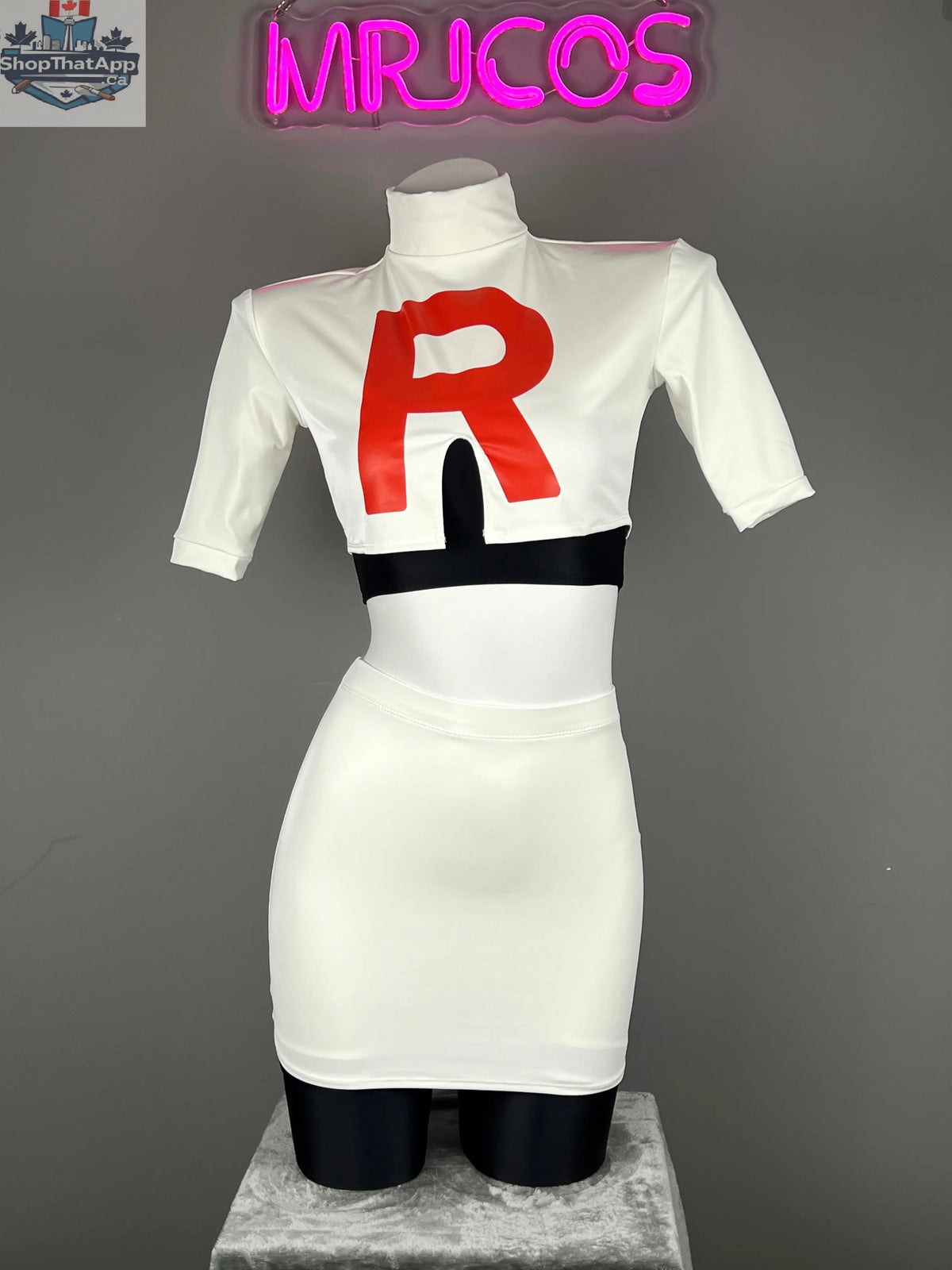 Anime Team Rocket cosplay costume set by MRJCOS featuring spandex leather outfit, gloves, and skirt for cosplay or costume events.