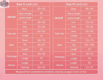 Size chart for Anime Team Rocket cosplay costume set by MRJCOS, featuring spandex leather outfit, gloves, and skirt.