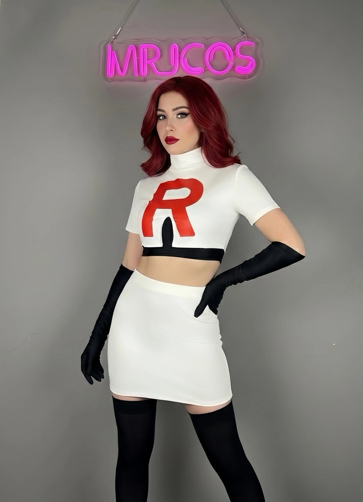 Anime Team Rocket cosplay costume set with gloves and skirt, featuring spandex leather material, designed by MRJCOS.