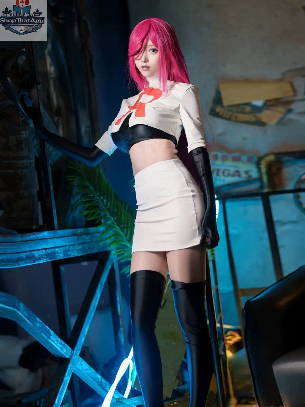 Anime Team Rocket cosplay costume set by MRJCOS, featuring spandex leather outfit, gloves, and skirt for cosplay or parties.