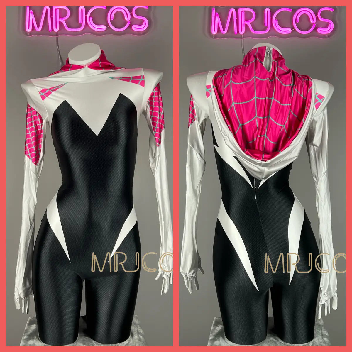 MRJCOS woman's superhero bodysuit cosplay costume in black spandex, full-body Zentai Halloween outfit with mask and vibrant design.