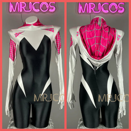 MRJCOS woman's superhero bodysuit cosplay costume in black spandex, full-body Zentai Halloween outfit with mask and vibrant design.