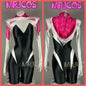 MRJCOS woman's superhero bodysuit cosplay costume in black spandex, full-body Zentai Halloween outfit with mask and vibrant design.
