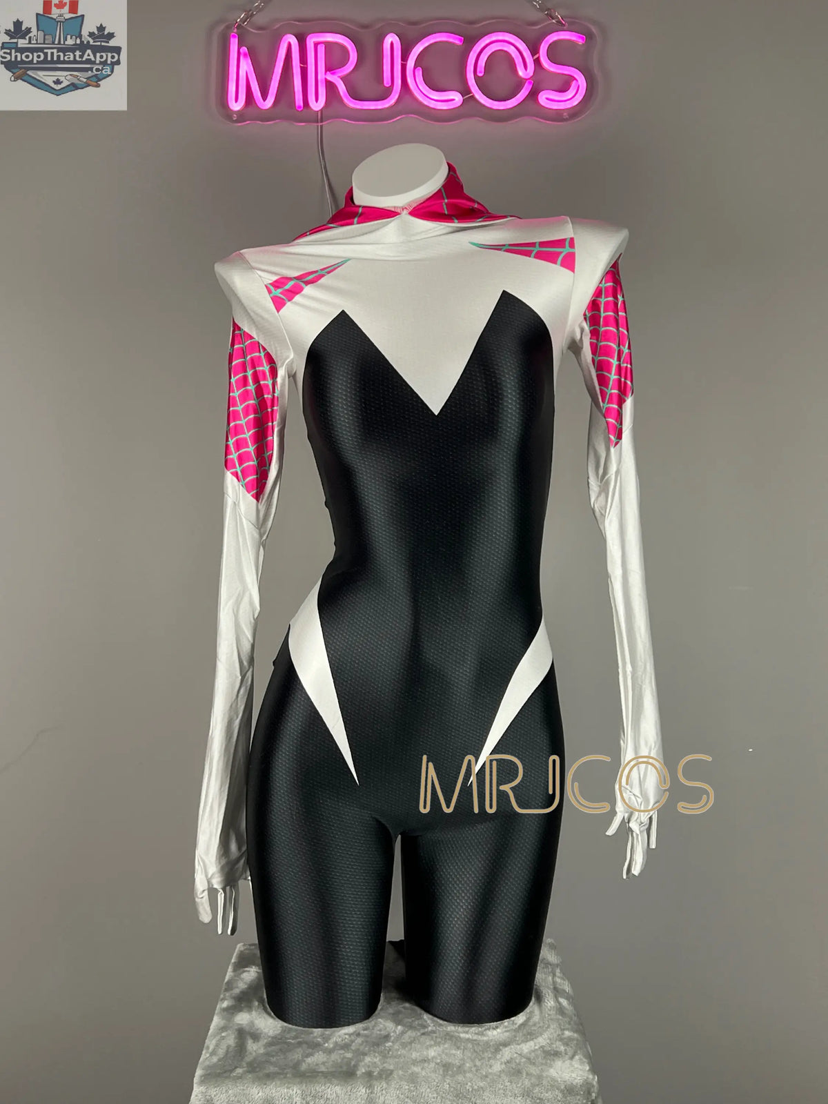 Woman wearing MRJCOS superhero bodysuit in spandex, full-body cosplay costume with vibrant design for Halloween or cosplay events.