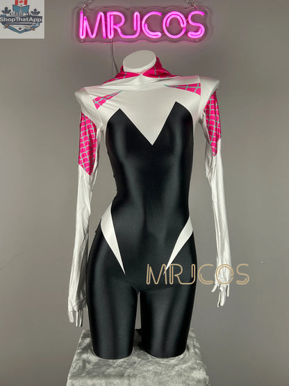 Woman wearing MRJCOS superhero bodysuit in spandex, full-body cosplay costume with vibrant design for Halloween or cosplay events.
