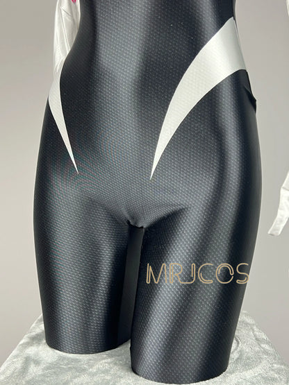Woman wearing MRJCOS superhero bodysuit, full spandex cosplay Zentai costume for Halloween, featuring vibrant colors and sleek design.