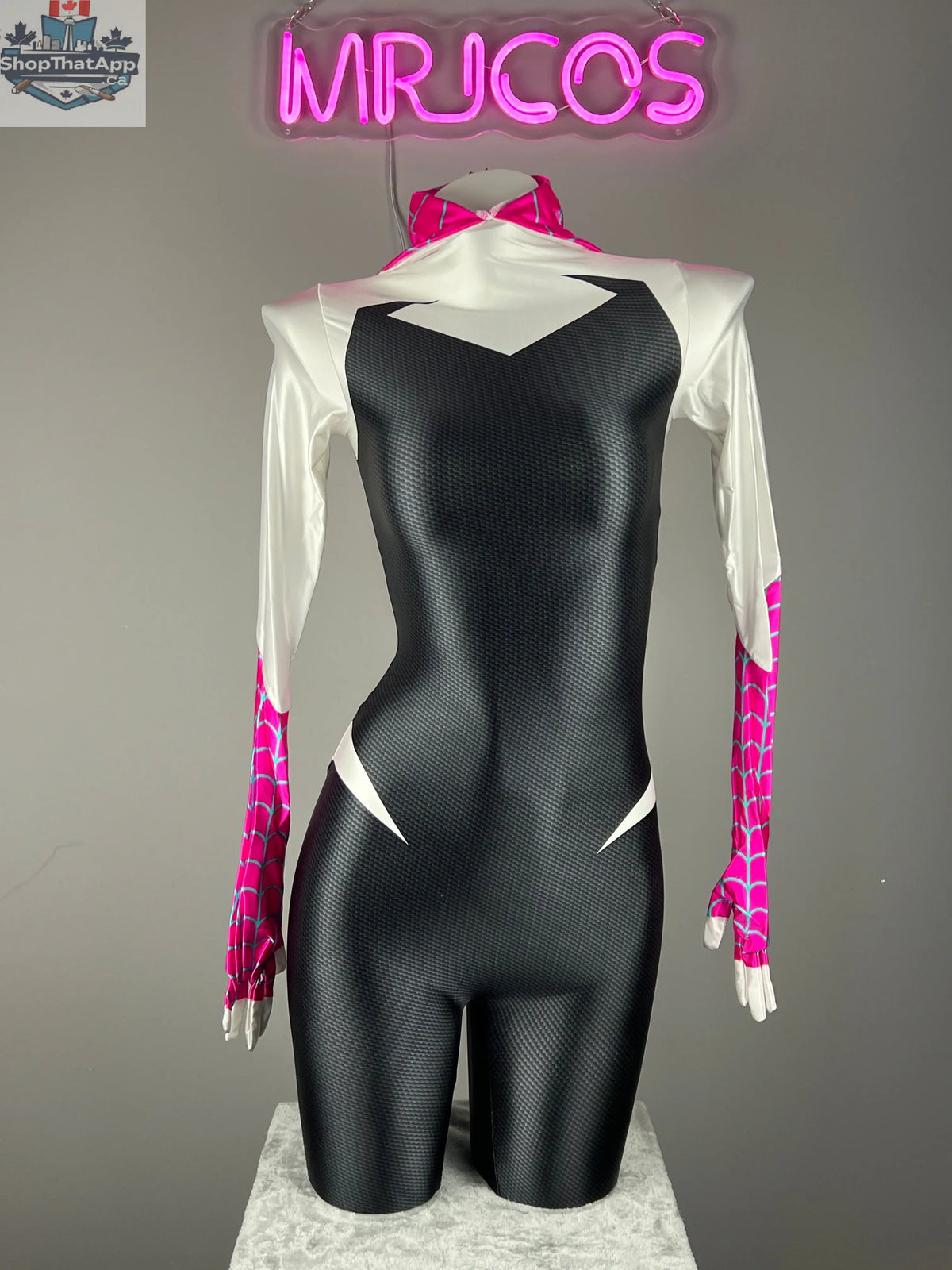 Woman wearing MRJCOS superhero bodysuit, full spandex cosplay Zentai costume with superhero design, suitable for Halloween or cosplay events.