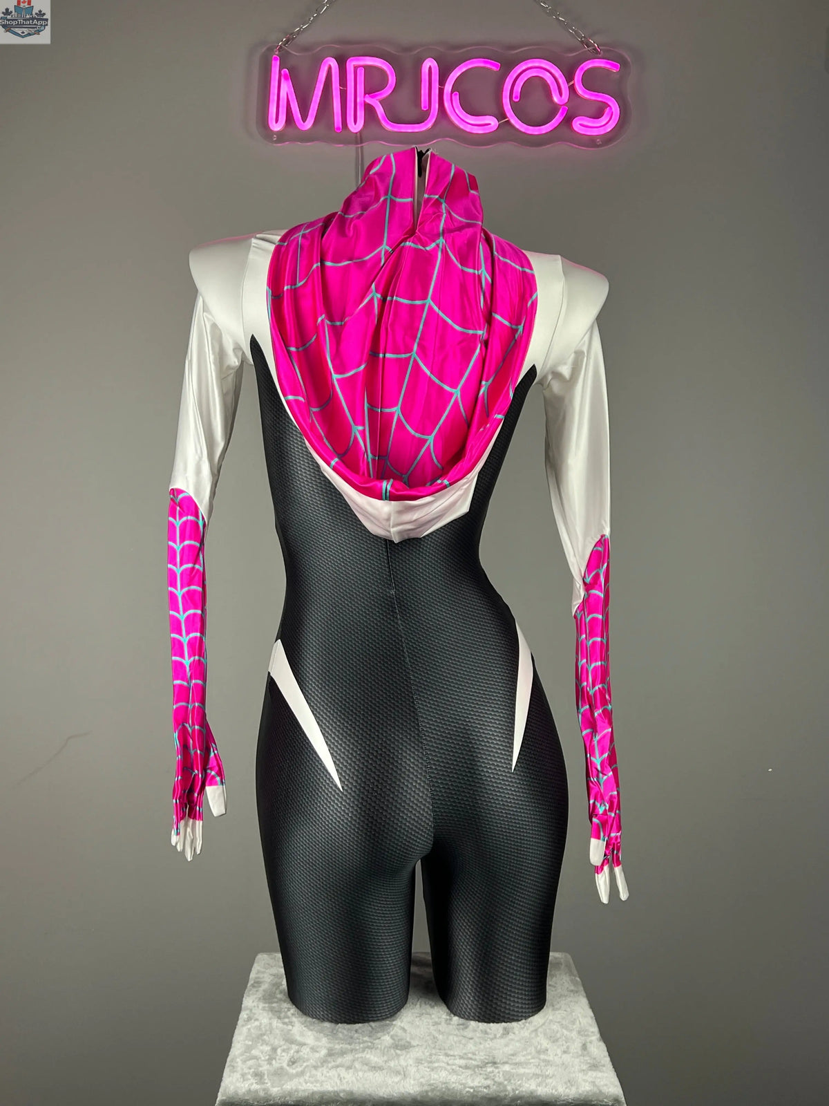 Woman wearing MRJCOS superhero bodysuit in spandex, full-body cosplay costume with mask, suitable for Halloween or cosplay events.