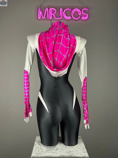 Woman wearing MRJCOS superhero bodysuit in spandex, full-body cosplay costume with mask, suitable for Halloween or cosplay events.