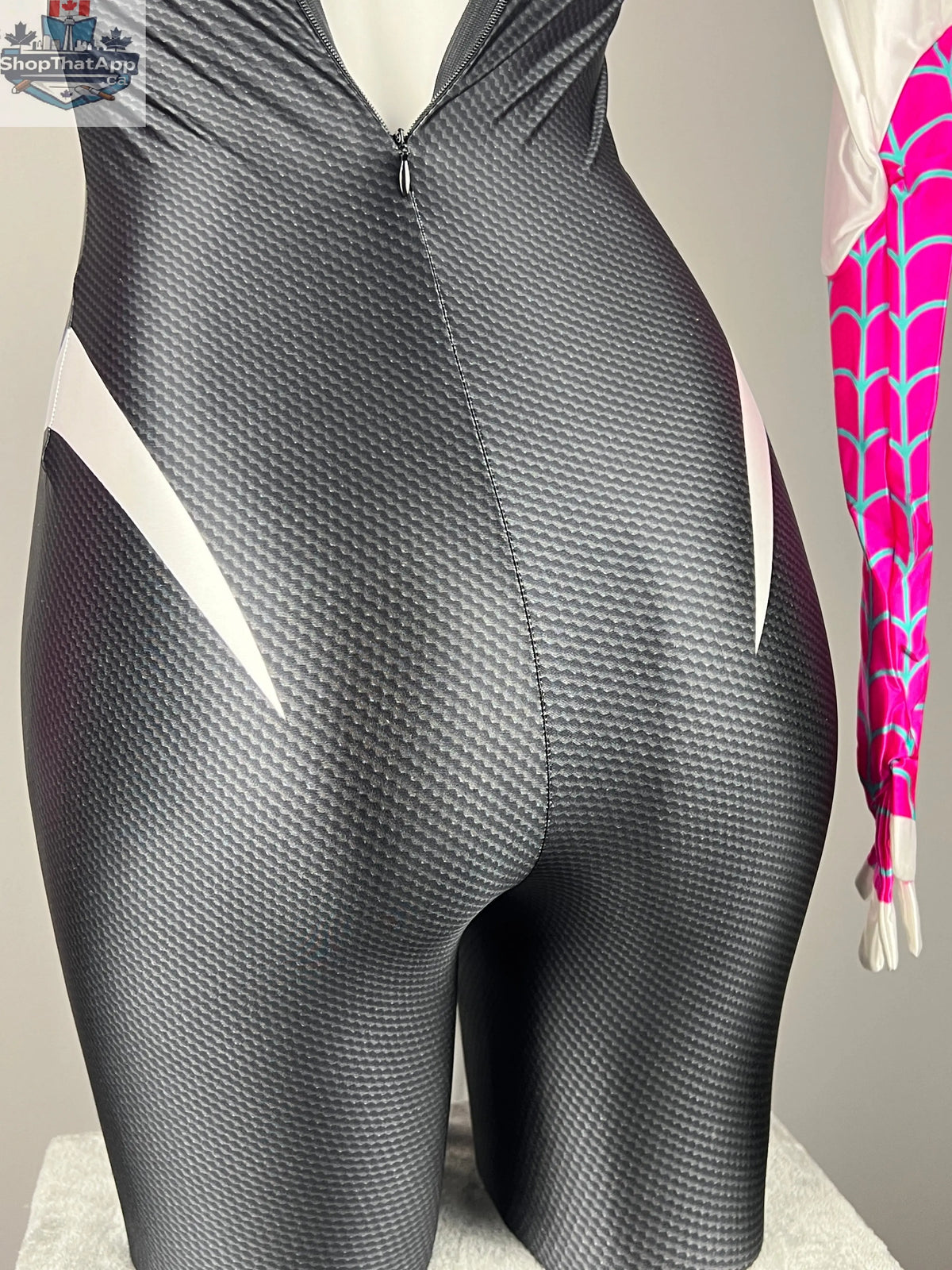 Woman wearing MRJCOS superhero bodysuit, full spandex cosplay costume with superhero design, suitable for Halloween or cosplay events.