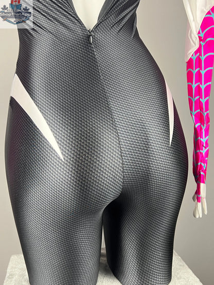 Woman wearing MRJCOS superhero bodysuit, full spandex cosplay costume with superhero design, suitable for Halloween or cosplay events.