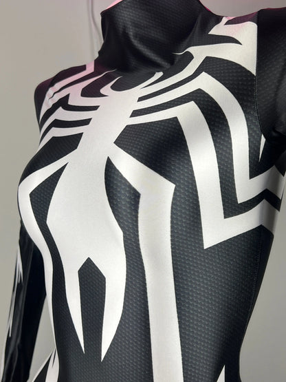 Woman wearing MRJCOS superhero bodysuit, full spandex cosplay Zentai costume for Halloween with vibrant superhero design.