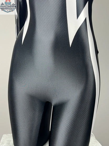 Woman in black spandex superhero bodysuit cosplay costume, full-body Zentai suit for Halloween, by MRJCOS.