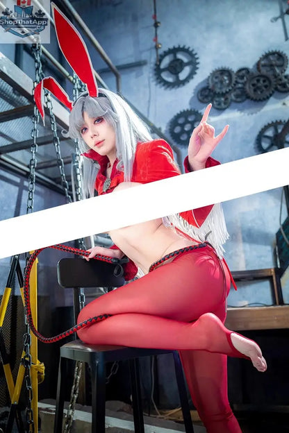 Wild Bunny Cowgirl costume featuring a PU leather jacket and sheer lingerie, perfect for cosplay by MRJCOS.