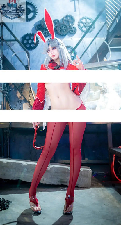 Wild Bunny cowgirl costume by MRJCOS featuring a PU leather jacket and sheer sexy lingerie for cosplay attire.