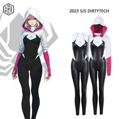 Woman wearing MRJCOS superhero bodysuit with jacket, featuring spandex and PU leather, perfect for cosplay or Halloween costume.
