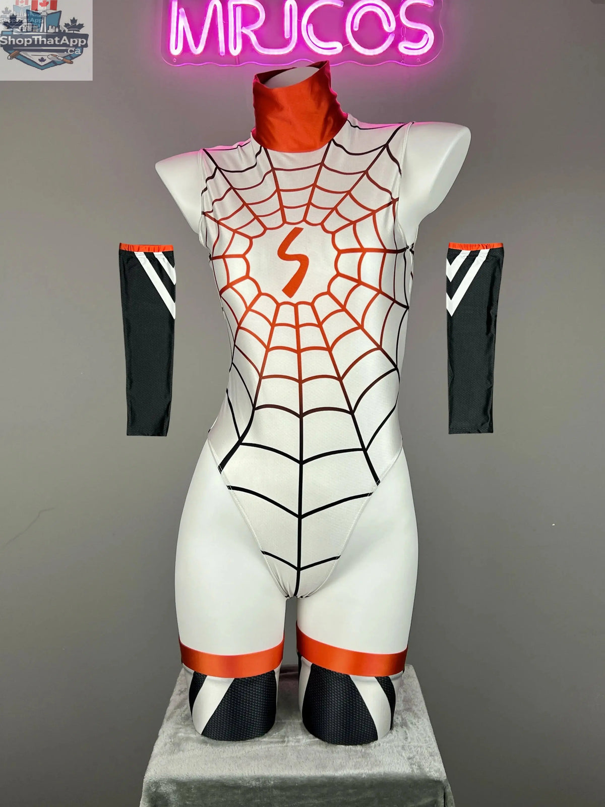 Woman in MRJCOS superhero spandex bodysuit costume with open crotch design, featuring a sleek, form-fitting superhero lingerie look.