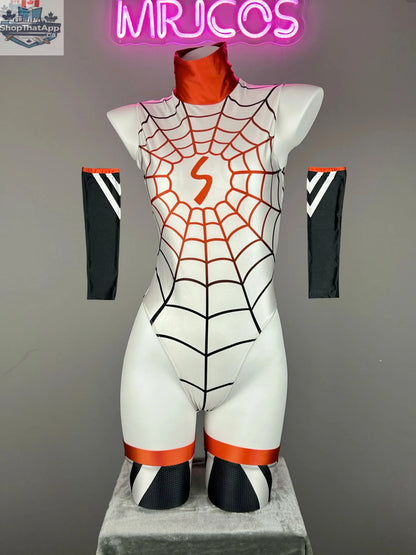 Woman in MRJCOS superhero spandex bodysuit costume with open crotch design, featuring a sleek, form-fitting superhero lingerie look.