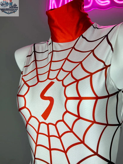 MRJCOS woman superhero spandex open crotch cosplay bodysuit, sexy lingerie costume with vibrant colors and superhero design.